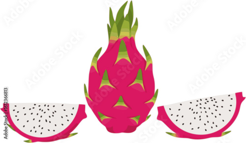 Flat vector illustration of dragon fruit (pitaya) whole and sliced. Vibrant pink skin and white flesh with black seeds. Perfect for tropical, exotic, healthy food or summer-themed designs. PNG format