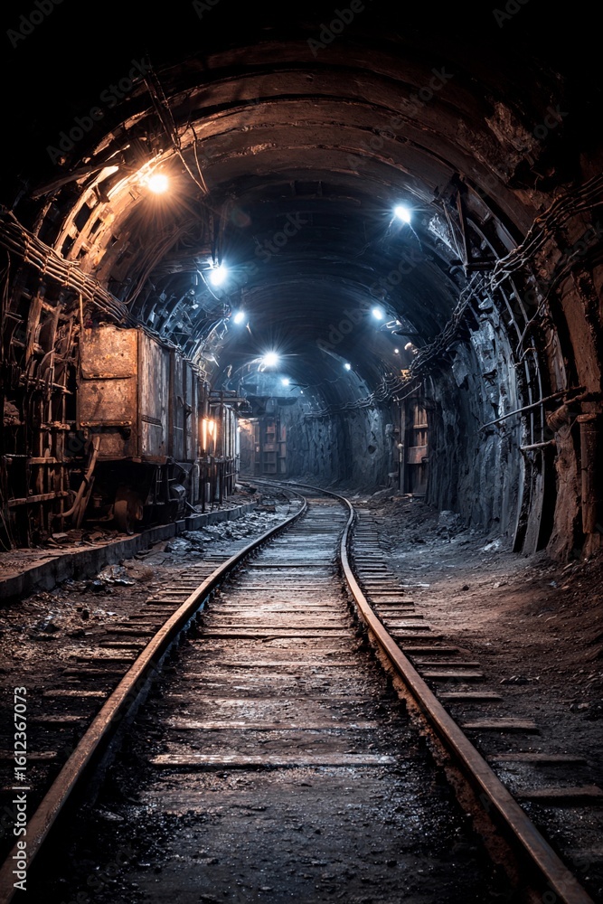 Obraz premium Rusted carts line the sides of a deserted underground railway. The dim lights cast a haunting glow on the damp walls and muddy tracks, revealing a forgotten mining operation