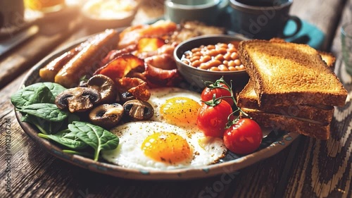 Delicious full english breakfast with toast, eggs, sausages, and bacon