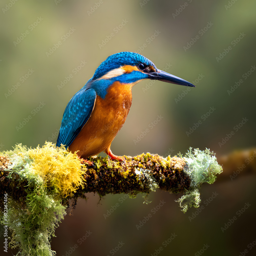 Fototapeta premium Common Kingfisher perched on mossy branch, vibrant blue and orange bird in nature, wildlife photography of Alcedo atthis in forest habitat