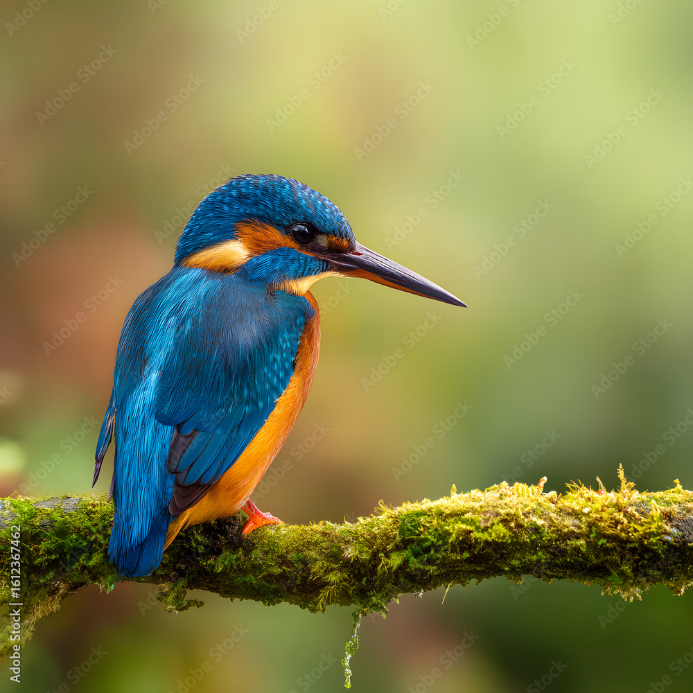 Obraz premium Common Kingfisher perched on a mossy branch, vibrant blue and orange bird in nature, wildlife photography of Alcedo atthis in a lush forest