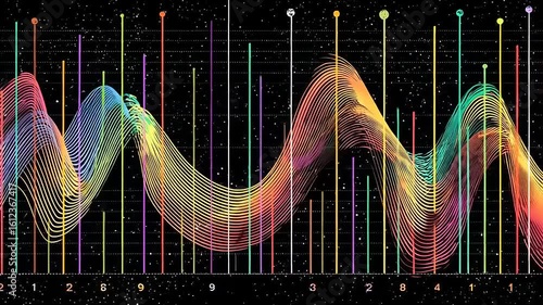 Abstract Colorful Data Visualization: Dynamic Waves and vibrant Dots on a Dark Background