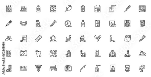 Medicine icon set. Healthcare vector collection. Includes ampoule, syringe, band aid, thermometer, pills, first aid kit, hospital, pharmacy and more. Editable stroke.