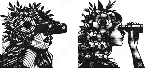  Monochrome lined engraving bundle woman with floral hair using binoculars vintage photocopy style