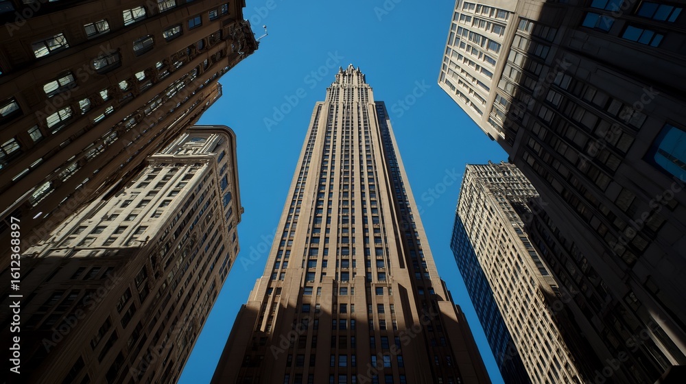 Obraz premium Low-angle view of a tall building surrounded by other buildings against a clear blue sky