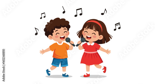 Happy Kids Singing with Microphones Cartoon Illustration