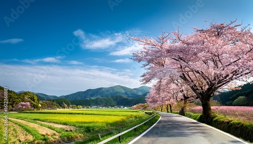 Wallpaper Mural pink cherry tree along the roadside with mountain view springtime in countryside of japan with cherry flower tree blossoming with green farmland Torontodigital.ca