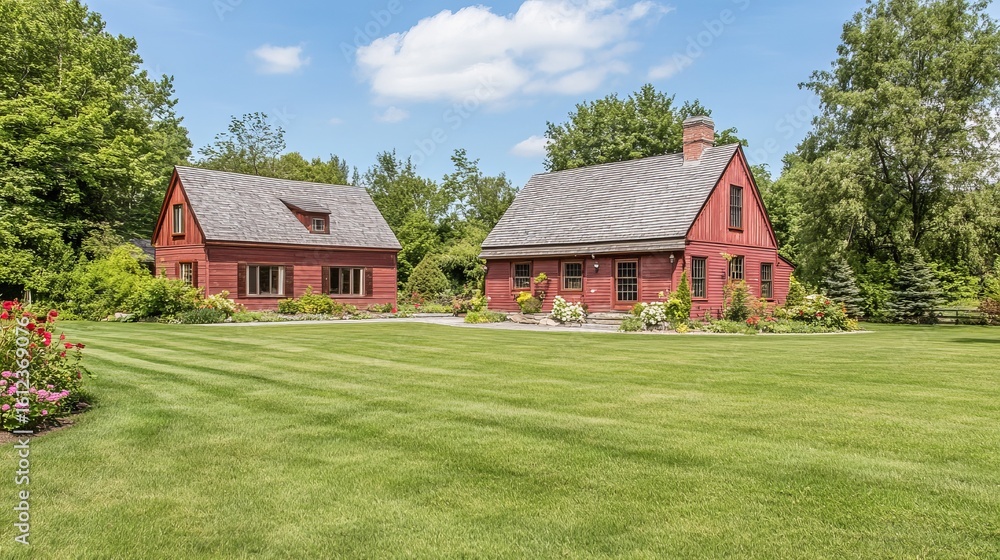 Obraz premium Two red houses on a manicured lawn under a partly cloudy sky