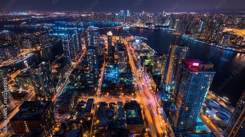 Naklejka premium Night view of a densely populated city, illuminated by lights of skyscrapers and roadways