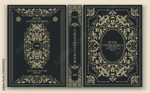Vector. Elegant vintage cover with a baroque gold pattern and an oval frame on a dark background. Ideal for retro design, historical and art publications. Luxurious classic, emphasizing premium. 