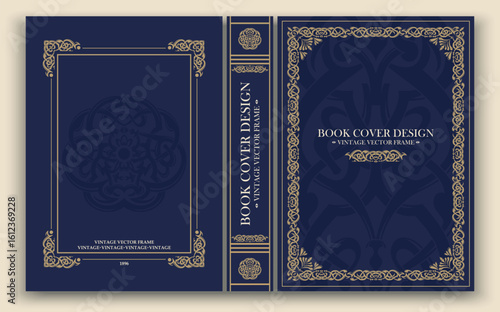 Vector. Vintage book cover with exquisite gold ornament on a rich dark blue background. Ideal for classic editions, retro designs and collectible projects. Deep, contrasting and noble visual style.