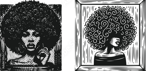  Monochrome Engraving of Woman with Voluminous Afro Hairstyle in Ornate Vintage Frame Illustration
