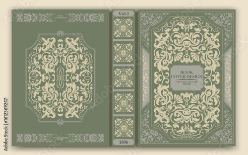 Vector. Vintage book cover with decorative ornament in rococo style. Delicate olive and cream tones create the atmosphere of an old edition and are ideal for retro projects. 