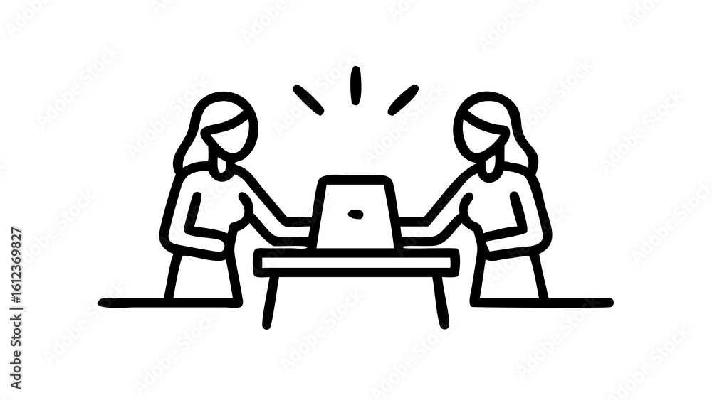 A clear line art illustration of two people, a man and a woman, sitting at a desk with a laptop between them, radiating light. This symbolizes collaboration, teamwork, a productive meeting A clear line art illustration of two people, a man and a woman, sitting at a desk with a laptop between them, radiating light. This symbolizes collaboration, teamwork, a productive meeting