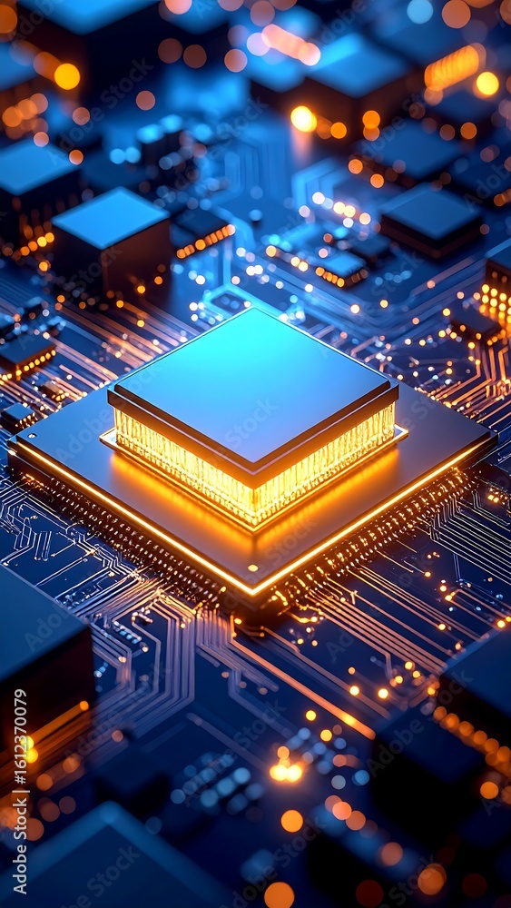 Obraz premium Advanced circuit board with glowing processor