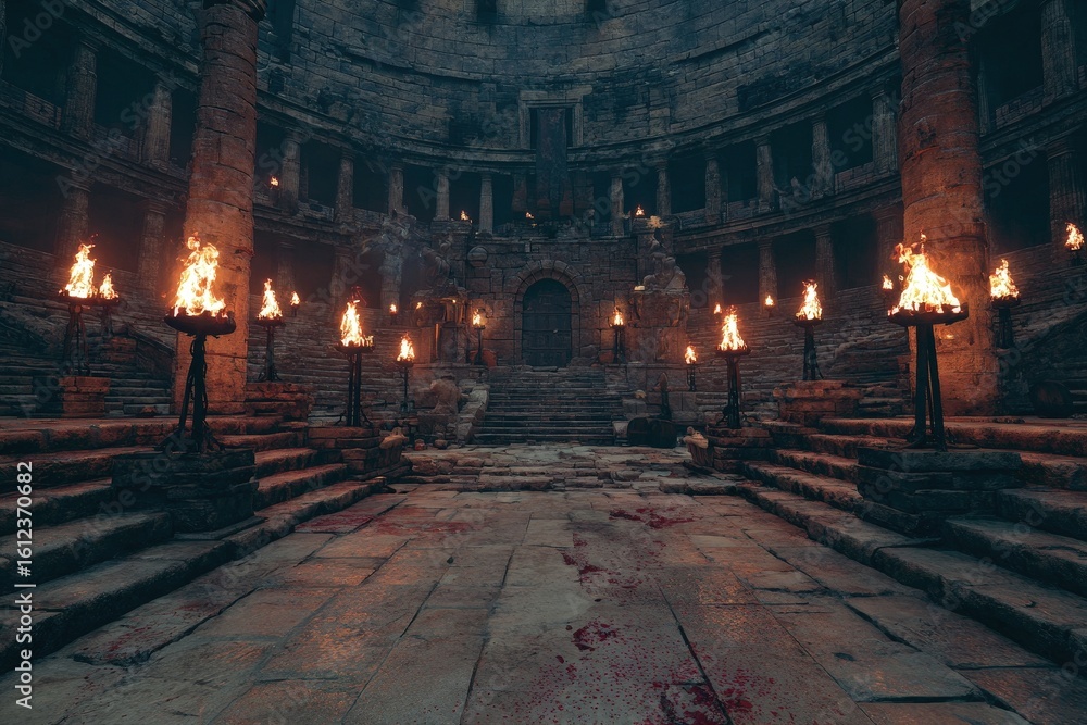 Obraz premium Ancient stone arena with bloodstained floor, burning torches, and grand stairs surrounded by ruins and shadows evoking a dramatic dark fantasy or historical battle atmosphere