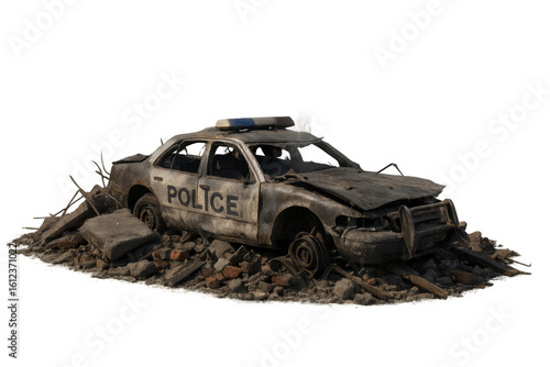 Destroyed police car abandoned on a pile of debris with transparent background