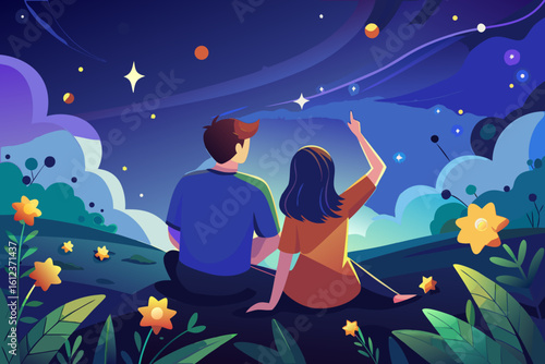 vector of A man sitting with his girlfriend, back view... points to the stars in front of him