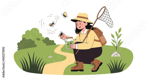 Illustration of a young girl collecting insects in a jar, enjoying nature and outdoor adventure in the countryside