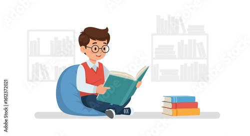 Illustration of a boy reading a book in a cozy room with bookshelves and a stack of books