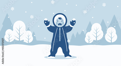 Joyful First Snowfall: A Child's Winter Wonder in a Snowy Landscape Illustration