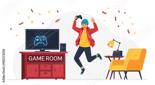 Joyful Gamer Celebrating Victory In Cozy And Bright Game Room At Home