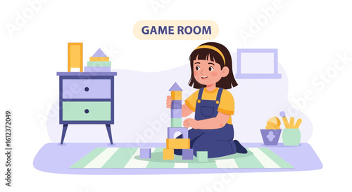 Joyful Girl Building Blocks In Her Playroom Having Fun Alone