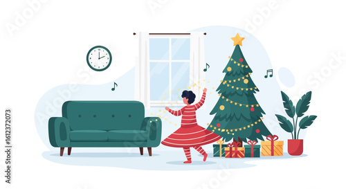 Joyful Girl Celebrating Christmas At Home With Decorated Tree And Gifts