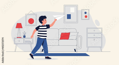 Illustration of a boy throwing a paper airplane in a modern living room with minimalist style furniture and decor