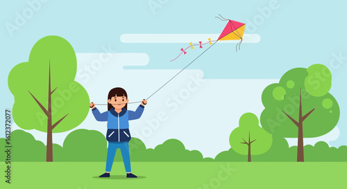 Illustration of a young girl flying a kite in a park on a sunny day outdoors with trees in the background