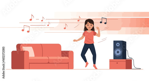 Joyful Girl Dancing To Music At Home In The Living Room Vector Art