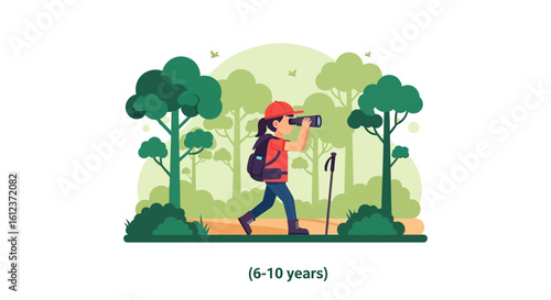 Illustration of a young girl hiking in a forest with binoculars observing nature landscape