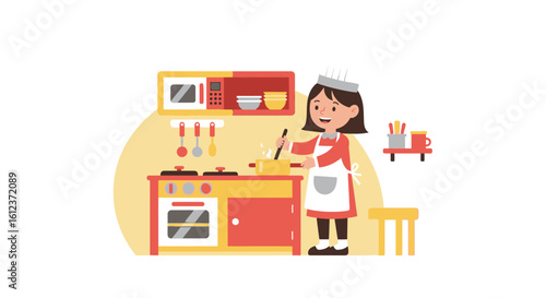 Illustration of a young girl in a chef's hat pretending to cook in a toy kitchen that features a microwave and other kitchen implements