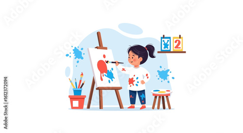 Illustration of a young girl painting a colorful artwork on an easel with vibrant splashes, showcasing childhood creativity and artistic expression