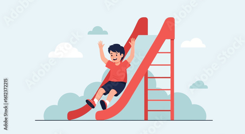 Illustration of a cheerful boy sliding down a playground slide with joy and excitement during a sunny day