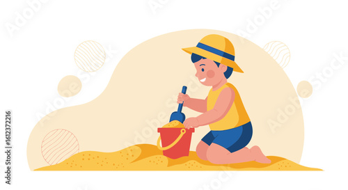 Illustration of a cheerful boy playing with sand on the beach with a bucket