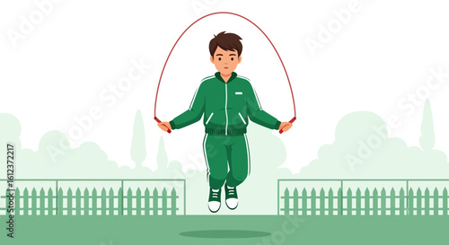 Illustration of a young man in a green tracksuit jumping rope outdoors fitness exercise