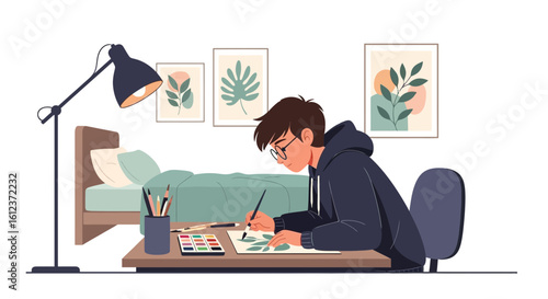 Illustration of a young man painting in his room with a cozy and creative atmosphere