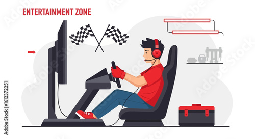 Man immersed in car racing game with professional steering and wearing headphones