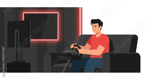 Man immersed in racing simulation game with steering wheel and large screen setup