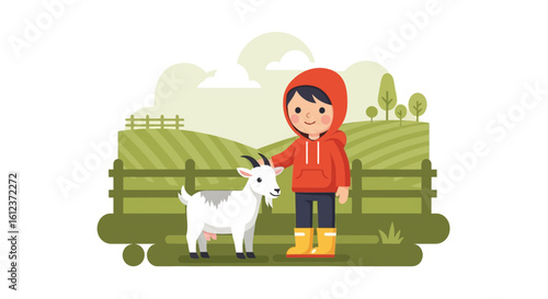 Illustration of a cheerful child in a red hoodie petting a goat on a farm landscape with rolling green hills