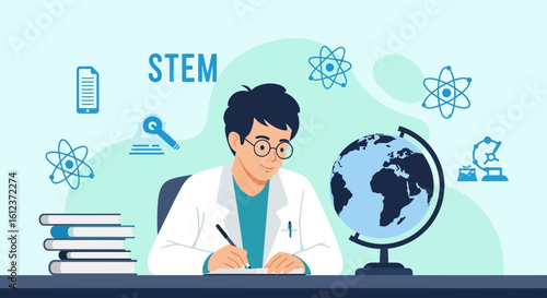 Man In Lab Coat Working On Stem Subjects With Globe Illustration