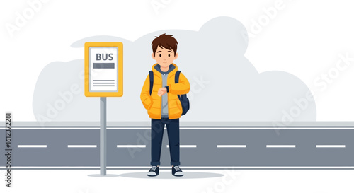 Illustration of a young man with a backpack waiting at a bus stop on the road