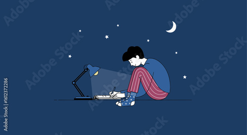 Illustration of a young man studying late at night under the moonlight and stars