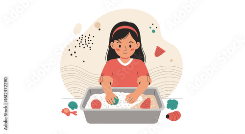Illustration of a cheerful girl playing sensory game with rice and colorful toys indoor