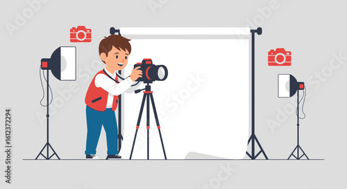 Illustration of a young photographer taking pictures in a studio setup with lights and a backdrop