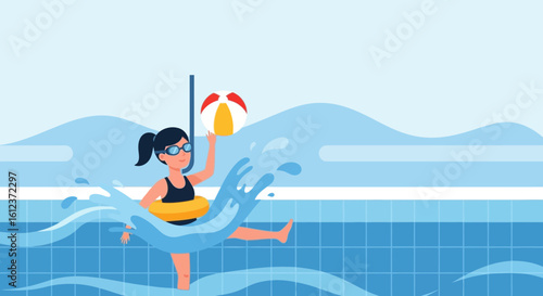 Joyful Girl Enjoys Summer Vacation Playing With Ball In Swimming Pool