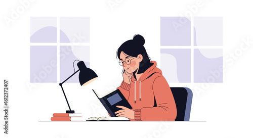Illustration of a young woman reading a book at her desk with a lamp and window background