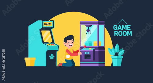 Illustration of a child playing games in an arcade, surrounded by classic machines and inviting game room elements