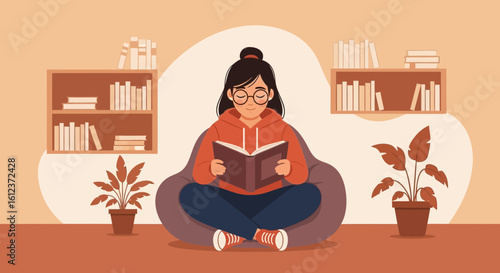 Illustration of a young woman reading a book in a cozy interior setting with plants and bookshelves